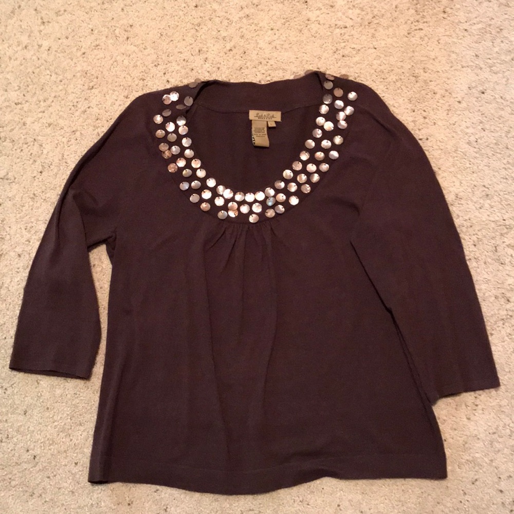 Embellished brown sweater, 3/4 length sleeve